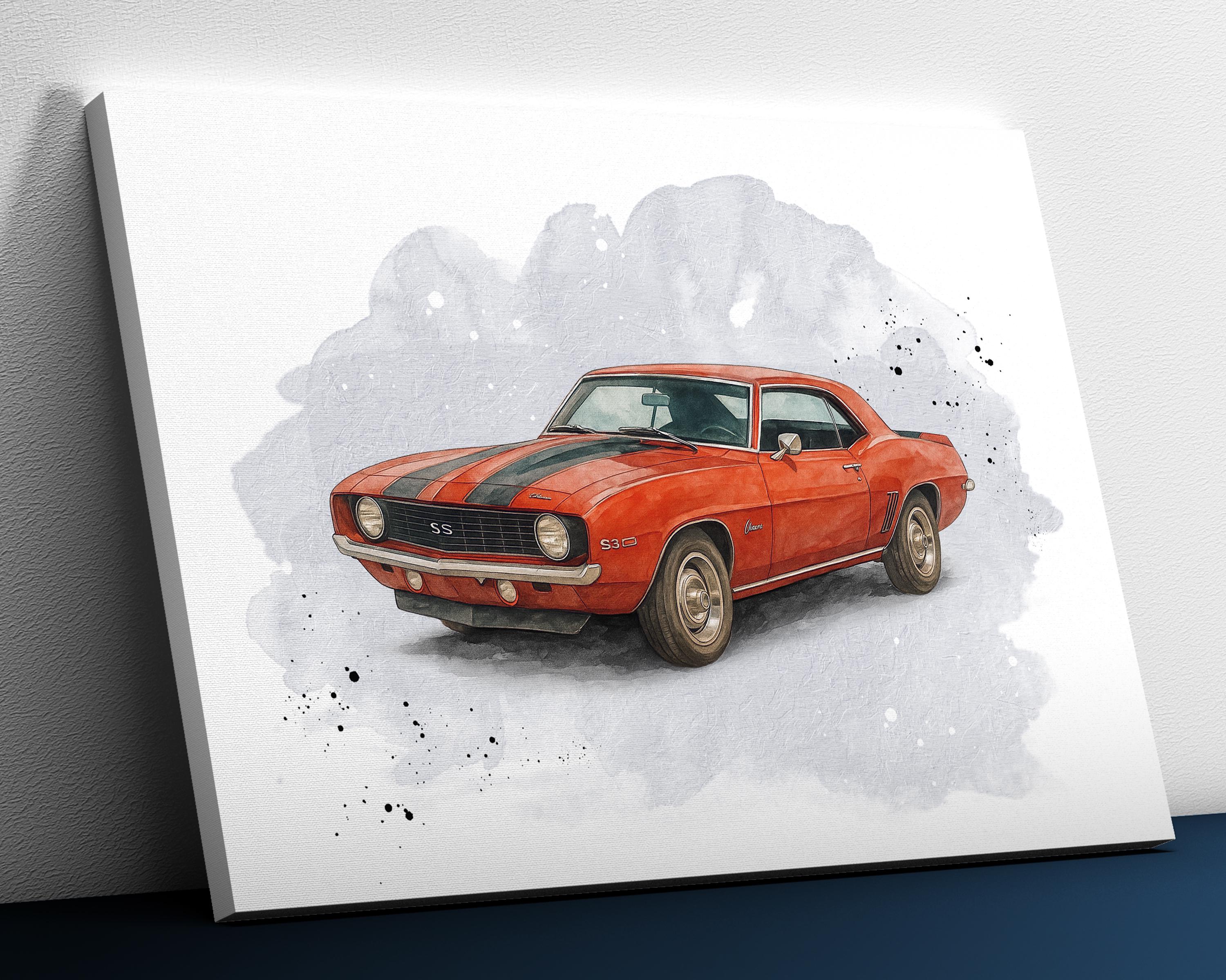 Retro Muscle Car Wall Art – Classic Camaro SS Watercolor Canvas