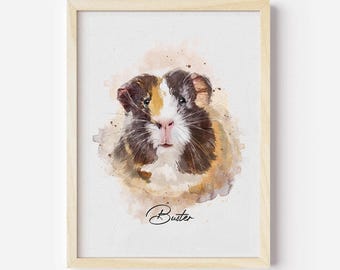 Retrato personalizado de cobaya: Arte conmemorativo para mascotas en acuarela (disponible en formato digital, póster o lienzo).