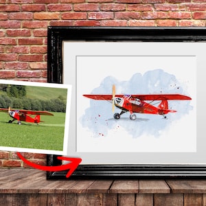 May include: A watercolor painting of a red airplane flying through the clouds. The airplane has a propeller and a tail.