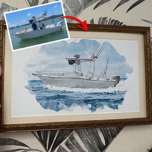 May include: A watercolor painting of a white boat with a red roof on the water. The boat is surrounded by blue water and white clouds. The painting is framed in a brown frame.