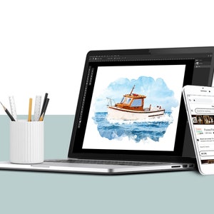 May include: A digital illustration of a watercolor painting of a small wooden boat on the water. The image is displayed on a laptop screen. A smartphone is next to the laptop, showing a website with a product listing for a watercolor painting of a boat.