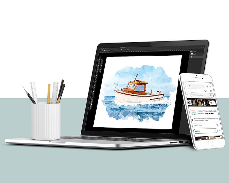 May include: A digital illustration of a watercolor painting of a small wooden boat on the water. The image is displayed on a laptop screen. A smartphone is next to the laptop, showing a website with a product listing for a watercolor painting of a boat.