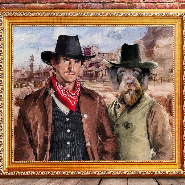 Ritratto di animali domestici e proprietari, Ritratto di cane personalizzato da foto, Pittura di animali domestici, Ritratto di animali domestici Royal, Regalo amante degli animali domestici, Ritratto di cowboy, Ritratto di uomo