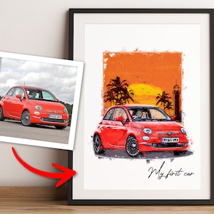 Custom car portrait, Gift for car lovers, First car sketch, Personalised car portrait, Fathers Day gifts, Gifts for him, portrait from photo