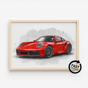 Disegno di auto da parete • Ritratto personalizzato di una Porsche rossa ad acquerello • Stampa digitale in stile pittura a olio • Regalo di auto sportiva