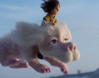 Falkor (Falcor) the Luck Dragon and Atreyu, charters of "The Neverending Story" art doll, soft sculpture,hanging decor, make to order