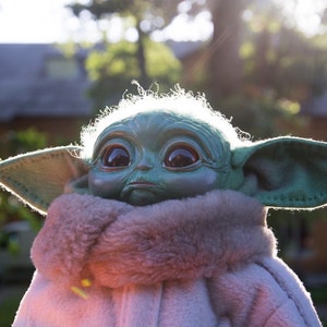 May include: A green plush toy with large eyes and a furry white collar. The toy is wearing a white coat and has large ears.