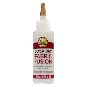 May include: A clear plastic bottle of Aleene's Original Quick Dry Fabric Fusion permanent fabric adhesive. The bottle is 4 fluid ounces (118 milliliters) and has a gold colored cap.