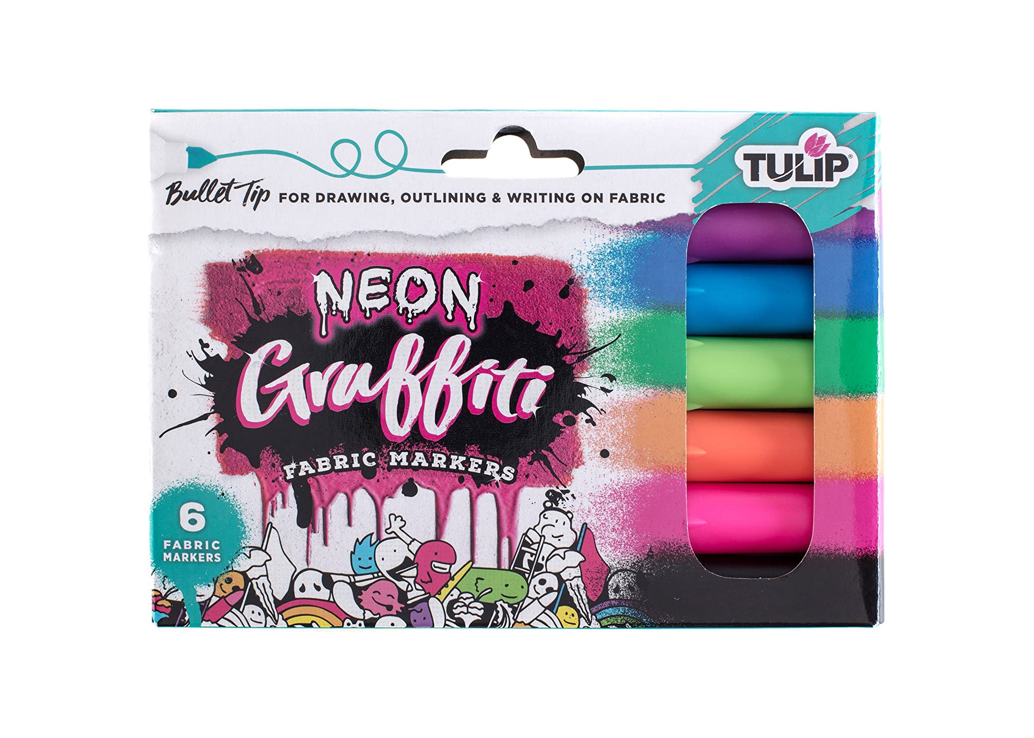 Tulip Graffiti Fabric Markers/ Bullet Tip 6 Pk/ Neon Colors 