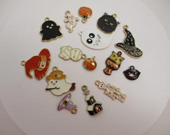 15 Halloween Enamel Charms, Mixed Metal Alloy, DIY Jewelry Making Supplies
