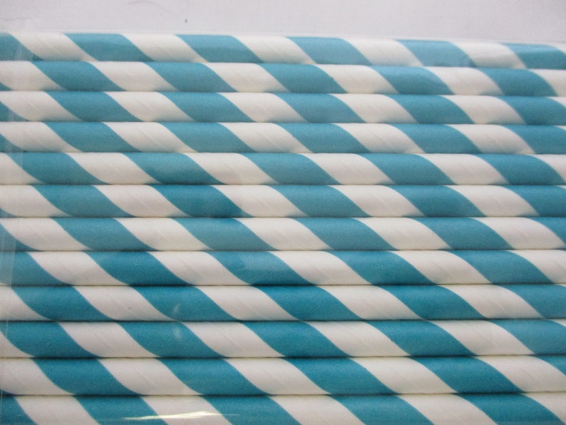May include: A package of blue and white striped paper straws. The straws are packaged in a clear plastic wrapper.