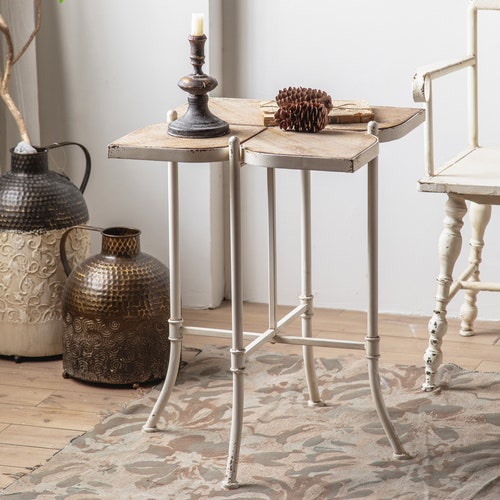 Solid Wood and Rustic White shops Metal Antique Coffee Side Table or Nightstand