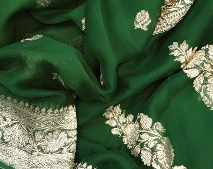 Green Exclusive Durga Puja Zari Work Pure Chiffon Banarasi Silk Handwoven Saree Designer Weaving Fabric Sari Women Running Blouse Pece