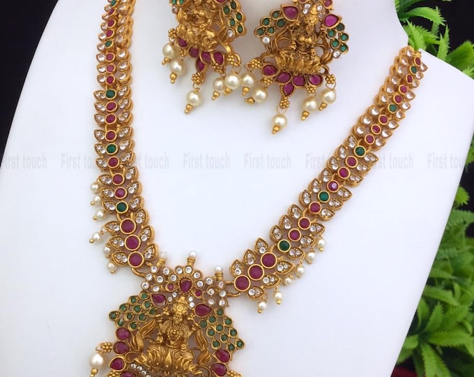 Traditional Matte Gold Bridal Jewellery South Indian Temple Jewelry Necklace With Earrings Set Gold Plated Handmade Indian Jewelry for women