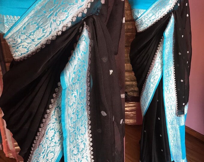 Black Exclusive Durga Puja Zari Work Pure Chiffon Banarasi Silk Handwoven Saree Designer Weaving Fabric Sari Women Running Blouse Pece