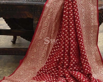 Maroon Handloom Banarasi Georgette Silk Saree Golden Zari Work Indian clothing Blouse wedding saree Traditional Party Wear Saree Women