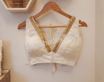 White silk Sari blouse Sabyasachi V Neck Readymade Blouse Designer Cocktail Party Wedding Indian Bridal Choli Crop Top Skirt Bridesmaids Top