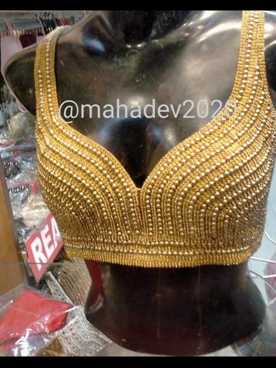 Golden Readymade Heavy Beaded Blouse Designer Saree Blouse