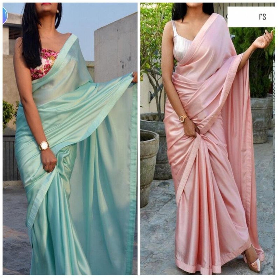 Plain SolidJapan Satin Silk Saree with Unstitched Blouse Etsy