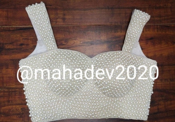 White Pearl Beaded Heavy Top Blouse Designer Saree blouse Cocktail Party Wedding Indian Bridal Sari Choli Crop Top Skirts Bridesmaid Blouse