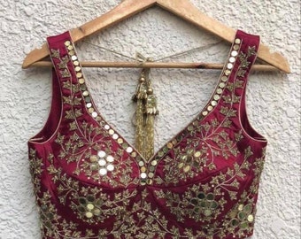 Maroon Bridal Blouse Heavy Designer Hand beaded work Saree blouse Cocktail Party Wedding Indian Sari Choli Crop Top Skirts Bridesmaid Blouse