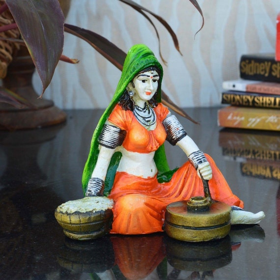 HOME Decor Rajasthani Lady Using Flour Machine Polyresin Statue Art 