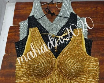 Golden Readymade Heavy Beaded Blouse Designer Saree blouse Cocktail Party Wedding Indian Bridal Sari Choli Crop Top Skirts Bridesmaid Blouse
