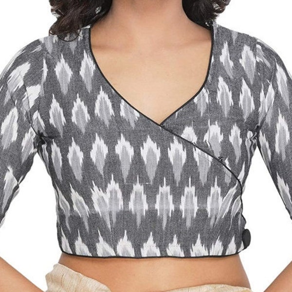 Puro algodón gris Ikkat blusa estampada Readymade diseñador cosido Sari blusa Top Choli túnica para las mujeres fiesta usar blusa de verano top de boda