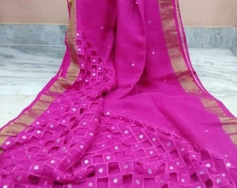 Pure Linen Saree Linen Cutwork Saree Mirror Work Pure Handloom Saree Festive Wedding Women Clothing Indian Gifts Designer saree with blouse
