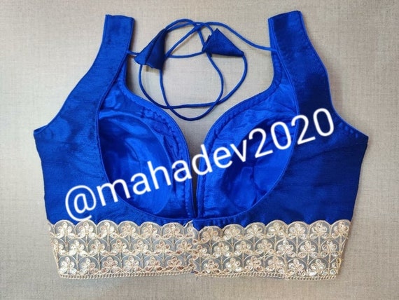 Blue Designer Blouse For Womens Sabyasachi Deep V neck Saree Blouse  Readymade Indian Beads Trim Work Blouse Bridesmaids Tees Choli gift Top