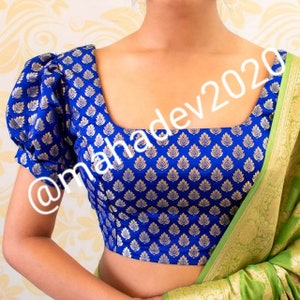 Blauwe brokaat Saree blouse kant en klare designer blouse mooie sari blouse Indiase sari blouse pofmouwen sari bruidsmeisje blouse Choli geschenken