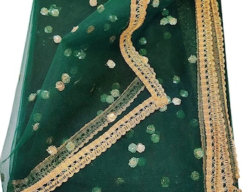 Women Net Embroidered green Dupatta 42" x 2.50 Meters Designer Long Net Bridal Sequin Work Dupatta Stole Veil Stole Hijab Sarong Bridesmaid