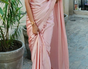 Plain SolidJapan Satin Silk Saree with Unstitched Blouse Wedding Wear Festive Sari Women Clothing Indian Dress Gift Bridesmaid sari