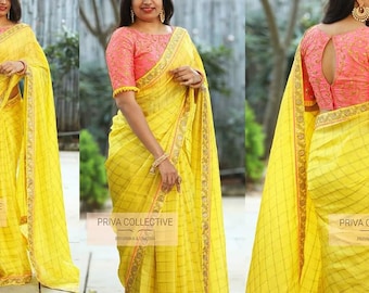 Saree & Stitched Blouse Yellow Cotton Silk Saree Sequins Sari Readymade Blouse Festive Wedding Women Clothing Indian Gift Fabric Bridesmaid