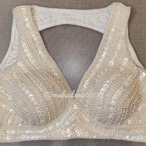 New Arrival White Readymade beautiful shell & Pearl Beaded Blouse Designer Saree blouse Cocktail Party Wedding Indian Bridal Top Bridesmaid