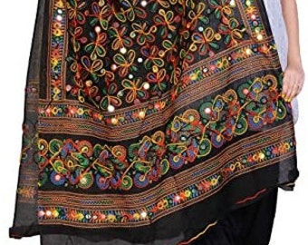 Designer Noir Aari Broderie Kutch Travail Conception Coton Long Femmes Coton Dupatta Feuille Miroir Autocollants Étole Voile Étole Hijab Sarong