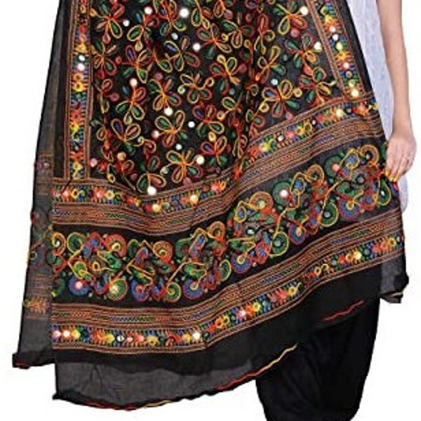 Designer Black Aari Embroidery kutch Work Design Cotton Long Women's Cotton Dupatta Foil Mirror Stickers Stole Veil Stole Hijab Sarong