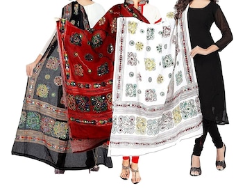 Pack of 3 Black, Red & White Cotton Dupattas Stoles Multicolour Jaipuri Rajasthani Dupatta Embroidered Scarf Hijab Shawl Women Scarf Chunni