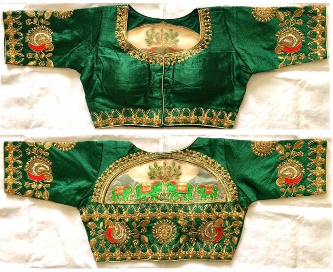 Green Readymade Blouse Bride Designer Saree Blouse Royal Embroidered Women Poly Silk Sari Choli