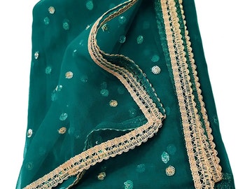 Women Net Embroidered Green Dupatta 42" x 2.50 Meters Designer Long Net Bridal Sequins Work Dupatta Stole Veil Stole Hijab Sarong Bridesmaid