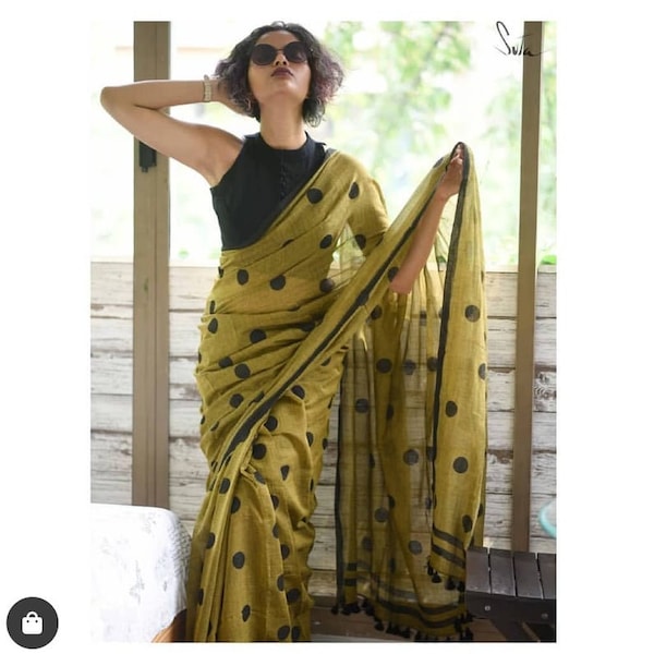 Coton Mulmul Saree Mulmul Lin Coton Saree Imprimé Sari Pure Handloom Sari pour Mariage Festif Femmes Vêtements Cadeau Indien Madeindia Fabri