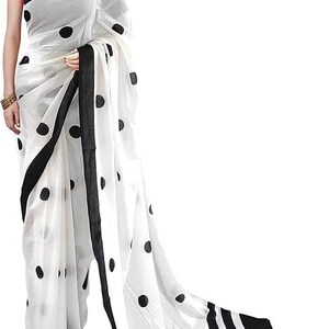 May include: White saree with black polka dots and a black border. The saree has a thin black stripe along the bottom edge.