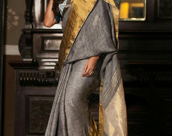 100% Pure Linen Saree Linen By Linen Sari Pure Handloom Saree pour mariage festif Sari Vêtements Pour femmes Indien Sari Cadeaux Fabriqués en Inde Tissu