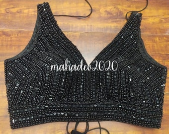 New Arrival Black Heavy Beaded Blouse Designer Readymade blouse Cocktail Wedding Indian Bridal Sari blouse Crop Top Skirt Bridesmaid Blouse