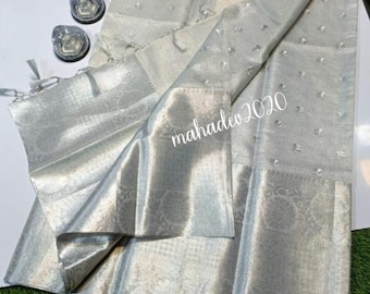 Silver Tissue Saree Banarasi Silk Saree With Big Kanchi Border Saree Wedding Wear Girlish Bridal Sari Gift Indian Festive Running Blouse