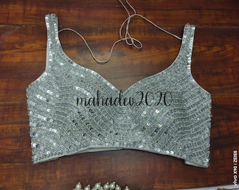 Silver Readymade Heavy Beaded Blouse Designer Saree blouse Cocktail Party Wedding Indian Bridal Sari Choli Crop Top Skirts Bridesmaid Blouse