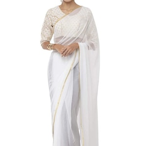 White Chiffon Saree With Golden Border & Brocade Silk Unstitched Blouse Piece For Women Wedding Party Wear Sari Plain Sari for Bridesmaids.
