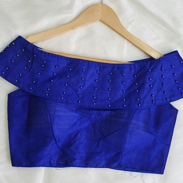 Royal blue Readymade Bride Designer Solid Plain Saree Blouse For Women Wear Poly Silk Sari Choli Indian Wedding Wear Fabric Craft Tunic Top
