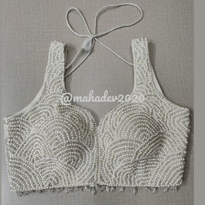 New Arrival White Readymade beautiful shell & Pearl Beaded Blouse Designer Saree blouse Cocktail Party Wedding Indian Bridal Top Bridesmaid