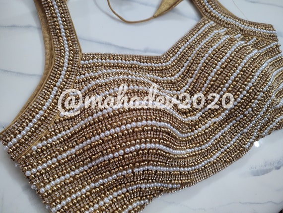 Golden Readymade Heavy Beaded Blouse Designer Saree blouse Cocktail Party Wedding Indian Bridal Sari Choli Crop Top Skirts Bridesmaid Blouse